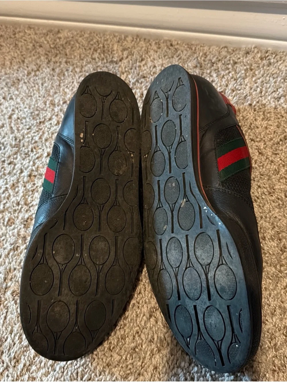 Gucci Black Leather Sneakers with Red Trim and Green Stripe